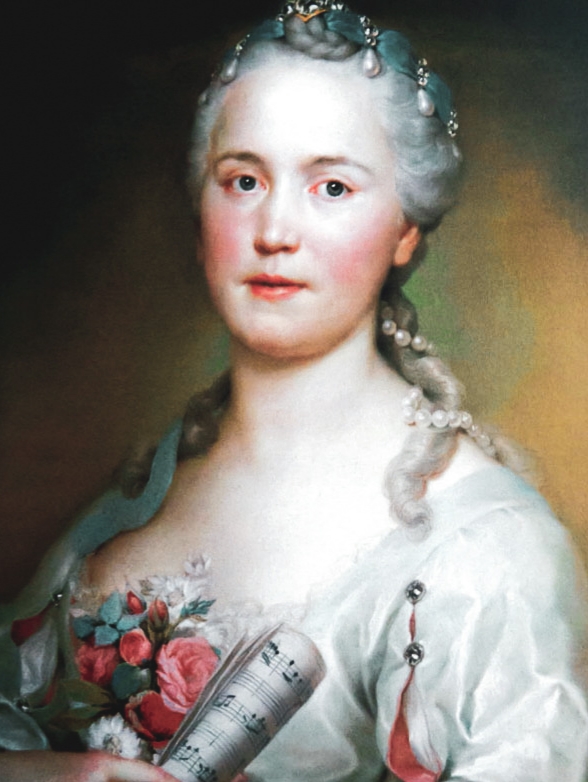 Portrait of Anna Bon di Venezia, an Italian composer, as a young woman. She looks directly at the viewer, with her hair powdered and curled into a high braided bun with teardrop pearls woven in. A lock of curled hair rests on her left shoulder. She wears a white dress with poofy sleeves, and holds a bouquet of pink and blue flowers and a rolled up piece of sheet music. 