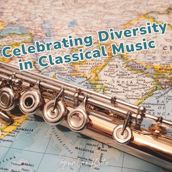 A silver & gold flute lies diagonally across a map showing northern Africa, the Middle East, east Asia, and southeast Asia. Turquoise letters running diagonally across the photo read: "Celebrating Diversity in Classical Music."