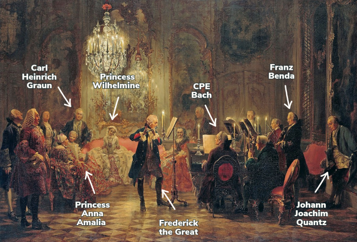 Frederick the Great plays flute in an opulent room with paintings on every inch of wall and a large crystal chandelier hanging from the ceiling. CPE Bach accompanies him on harpsichord, with Franz Benda on violin. Their audience includes Johann Joachim Quantz, Princesses Anna Amalia and Wilhelmine, and Carl Heinrich Graun. 