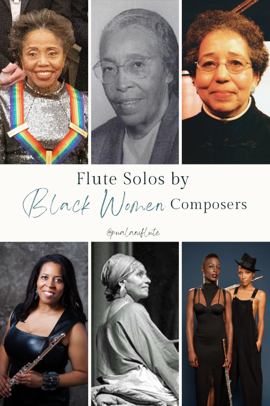 Headshots of 7 Black women composers, with text in the middle that reads "7 Flute Solos by Black Women Composers."  Clockwise from top left, the composers shown are: Tania Leon, D. Antoinette Handy, Joyce Solomon Moorman, Allison Loggins-Hull and Nathalie Joachim of the Flutronix duo, and Valerie Coleman.  