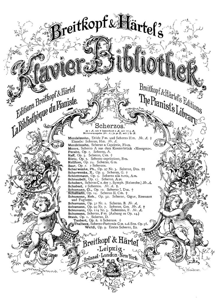 Black and white cover of a collection of piano solos by Clara and Robert Schumann titled "Breitkopf & Hartel's Klavier Bibliotek." An ornamented leafy border surrounds a list of the contents in the middle of the page.