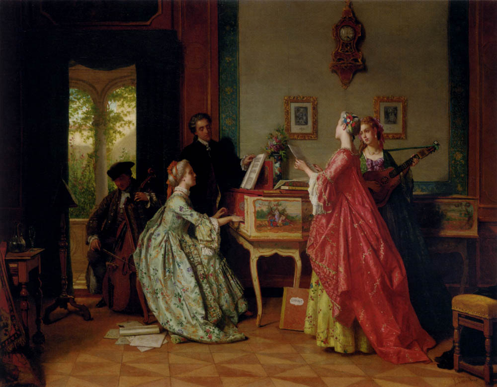 Three women play a recital in a 19th century European salon.  In the center, a woman in a light green floral dress plays harpsichord, while a woman to the right in a red and yellow dress sings, facing her.  Behind them, a woman with red hair and a green dress plays the guitar. To the left, a man in a dark coat and tricorn hat accompanies them on cello, and another man in a black coat turns pages for the harpsichord player. 