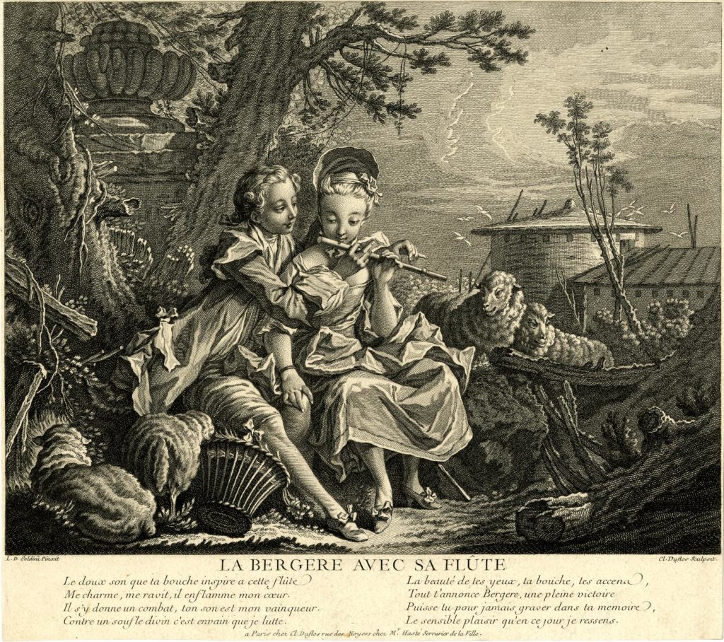 An etching of a shepherd girl and boy sitting below two trees, with two sheep and farm buildings in the background.  The girl wears a long dress, slippers, and bonnet, and holds a flute in playing position. The boy, with breeches, a long coat, and his hair tied back, reaches over to correct her hand position.