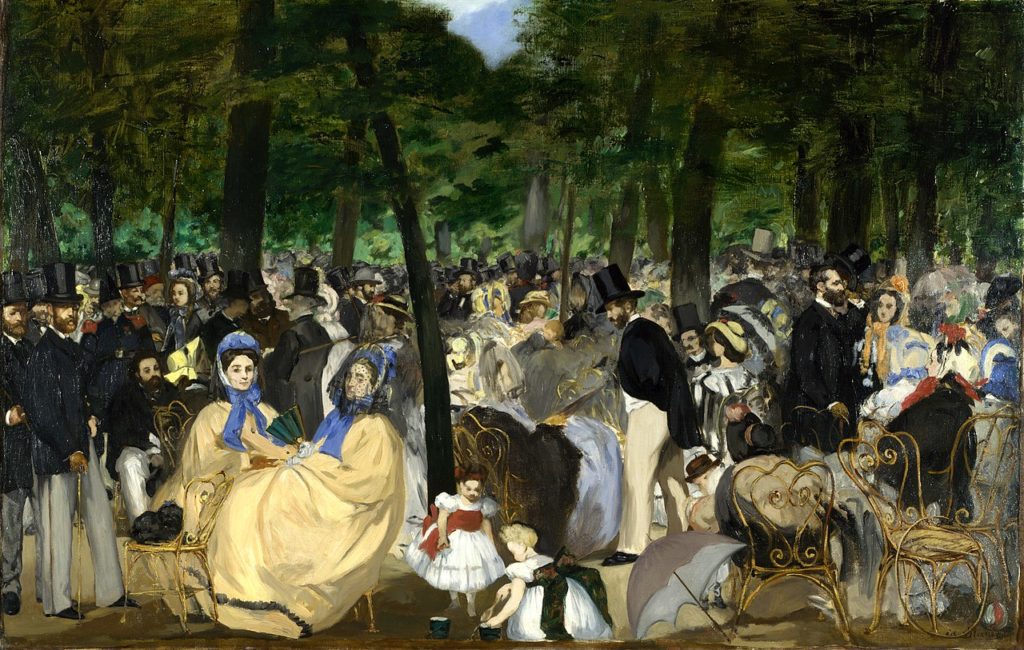 An audience of Parisians in the 1860s sit outside in a tree-lined lawn, crowded so tightly that you can barely see the grass. Many people stand, including men with black, long-tailed coats and top hats. A couple women with yellow dresses and blue bonnets sit in the front, with two young girls in white dresses.