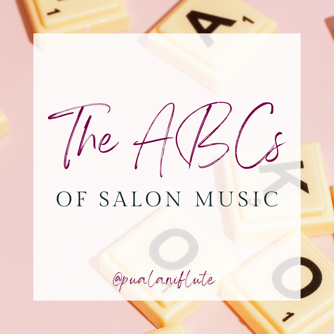 Scrabble tiles are scattered on a pink background.  In the middle, white words on a turquoise label read, "The ABC's of Salon Music."
