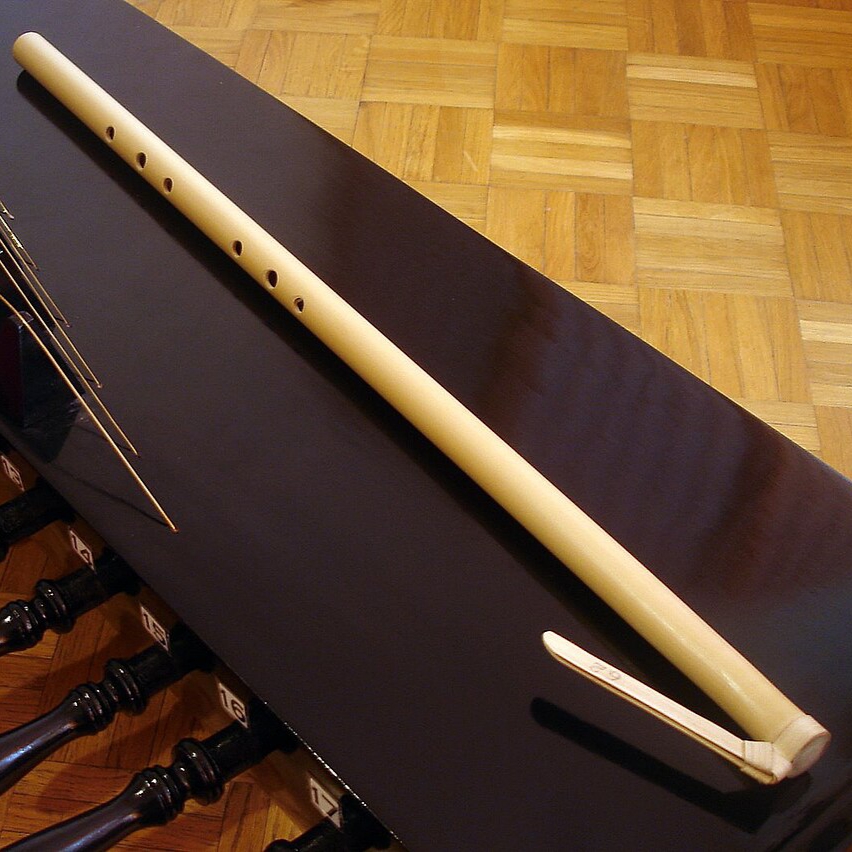 A suling (a bamboo ring flute) lays diagonally across a kacapi (a type of zither from Indonesia).  